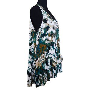 LOGO Lori Goldstein Sleeveless Tunic Tank  Blouse Peplum Floral Pleated Hem 14